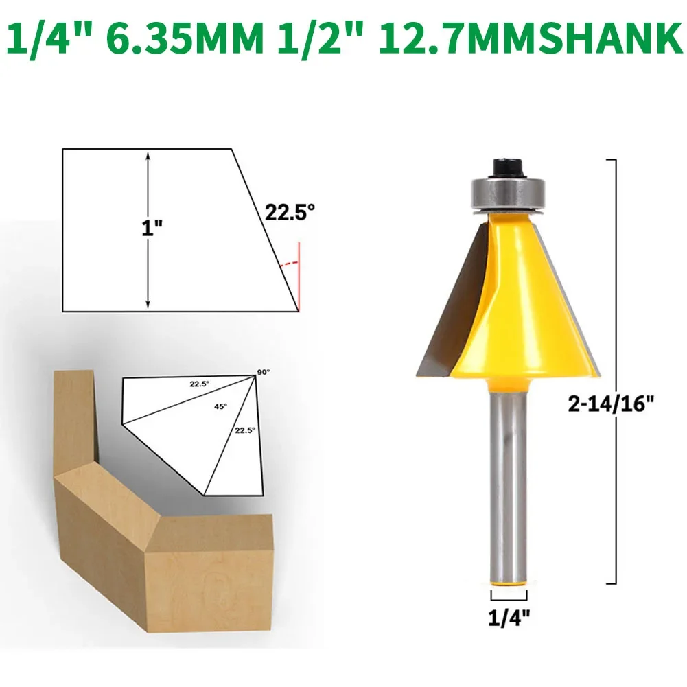 

1PC 1/4" 6.35MM 1/2" 12.7MM Shank Milling Cutter Wood Carving 22.5 Degree Chamfer & Bevel Edging Router Bit Woodworking Cutter