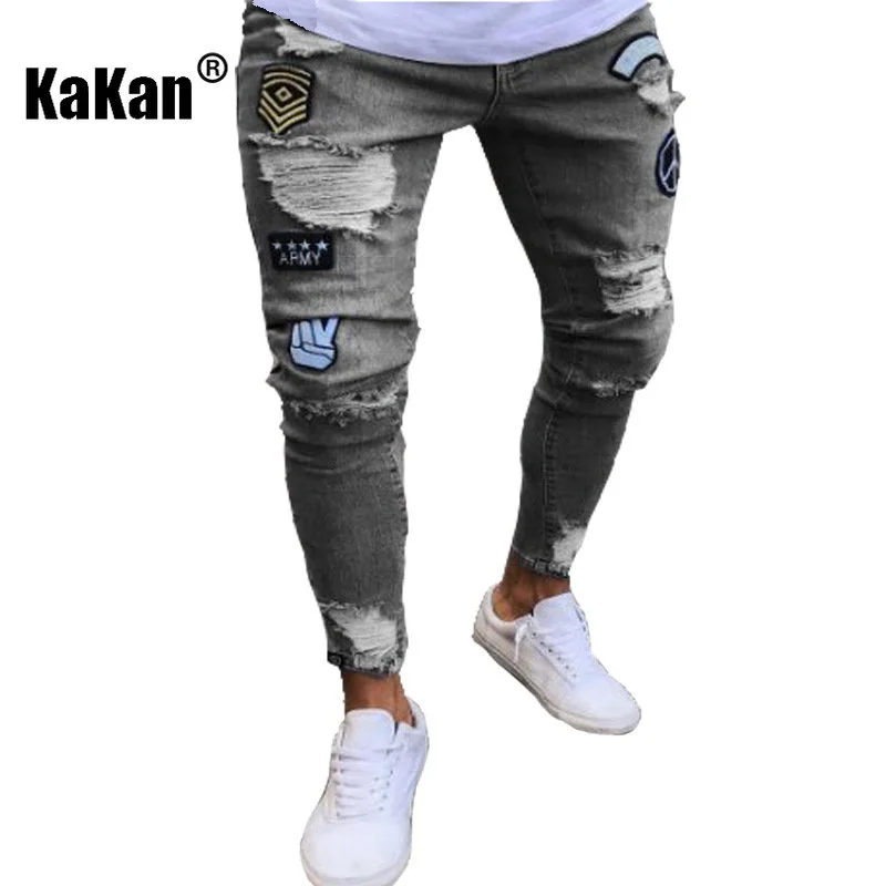 Kakan European and American High-quality New Long Jeans Men's Elastic Tight Jeans, Hole Badge Slim-fit Pants Jeans K14-881