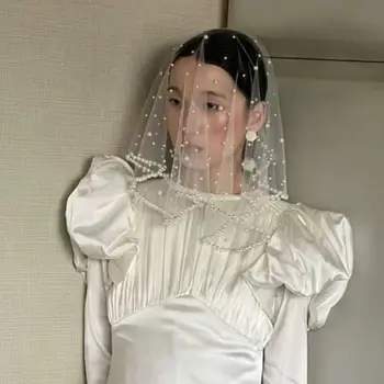 Nuove perle Perline Velo da sposa Tulle francese Veli da sposa Pizzo Corto Sposa Testa Copricapo di garza
