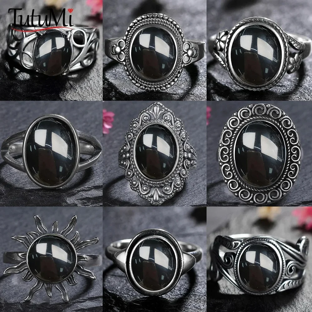 Vintage 925 Sterling Silver Ring Natural Black Onyx Ring Oval Round Stone Retro Fine Jewelry Gift Sun Shaped For Women Men silver ring