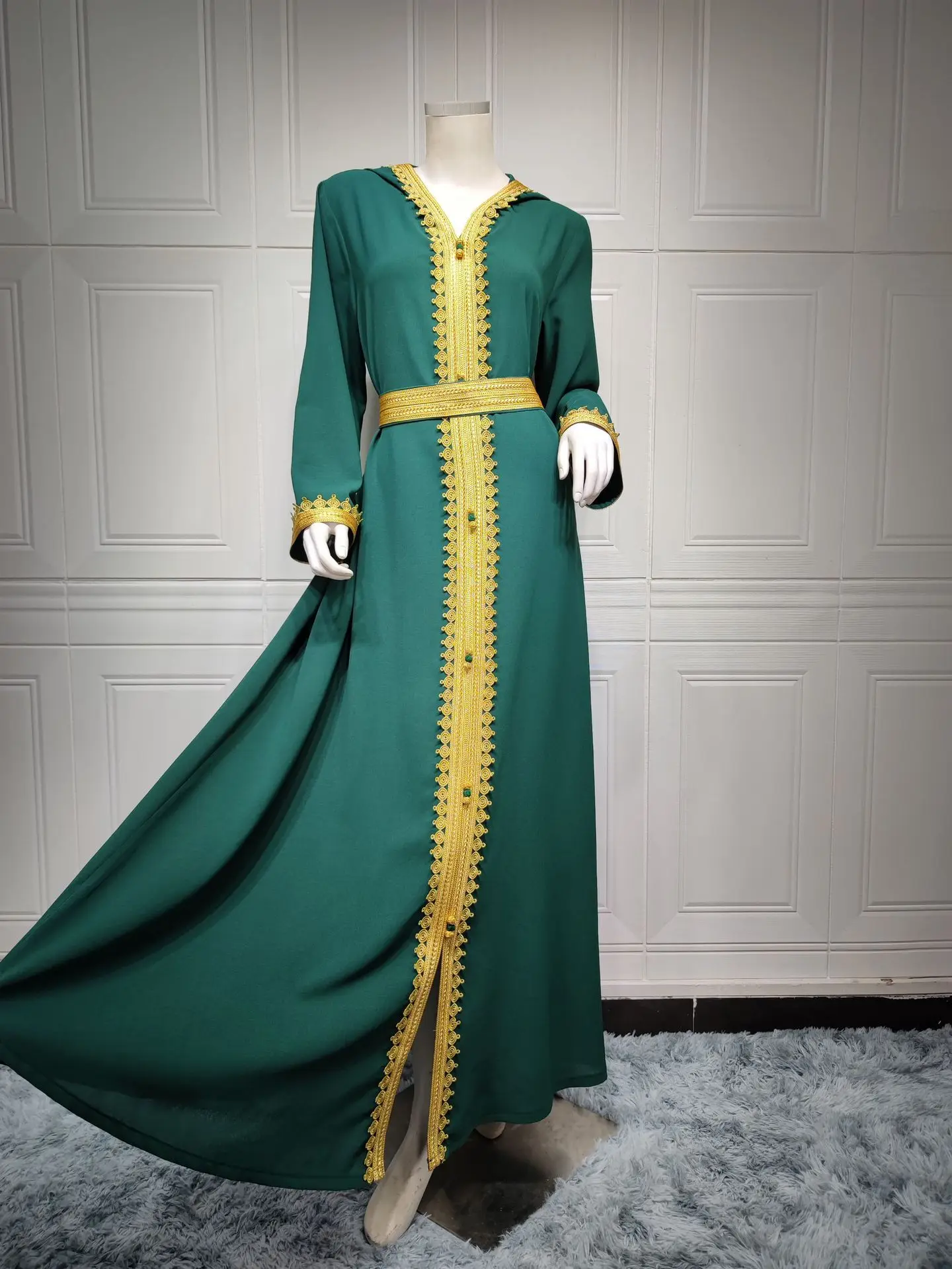 Dresses For Muslim Women Lace Embroidery V-Neck Long Sleeve Party Maxi Dress With Belt Elegant Moroccan Kaftan Turkey Wears