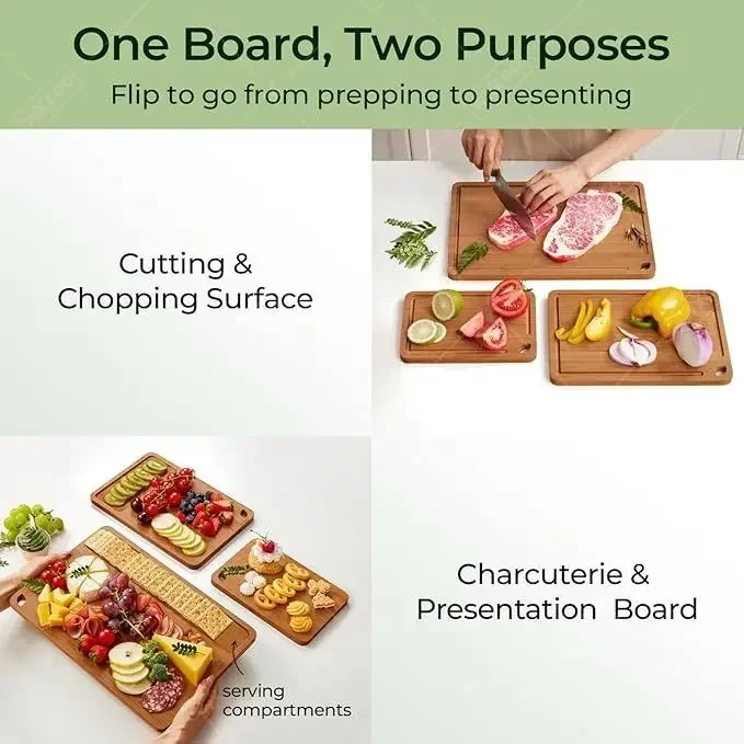 Premium Bamboo Cutting Board Set - 3 Piece Multipurpose Kitchen Chopping Boards for Meat, Vegetables, and Fruits