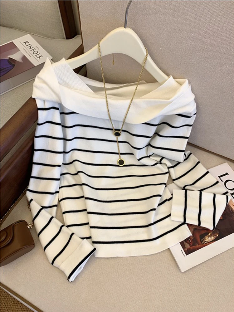 

Women's Striped Pullover Knitted Sweater Harajuku Long Sleeve Slash Neck Jumper Sweater Korean Y2k Vintage 2000s Clothes Autumn