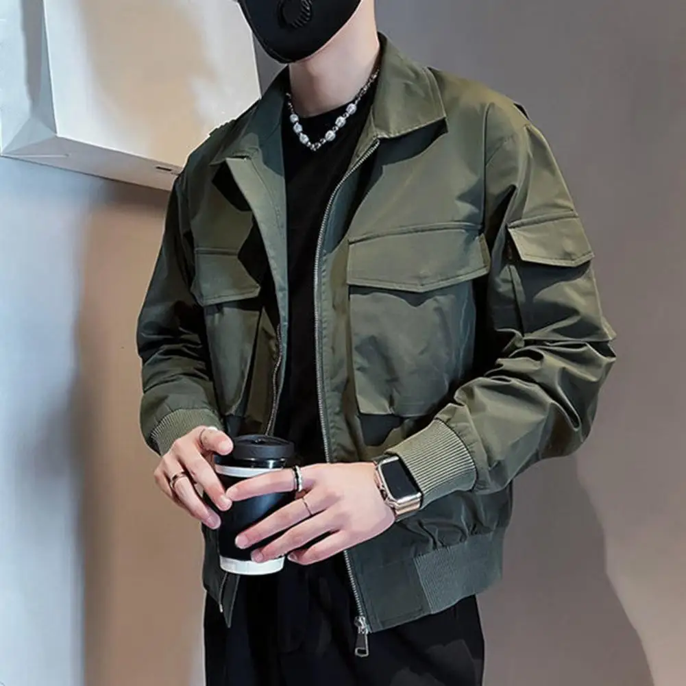 

Casual Workwear Jacket Zipper Jacket Streetwear Men's Jacket with Multiple Pockets Zipper Closure Lapel Buttons for Smooth