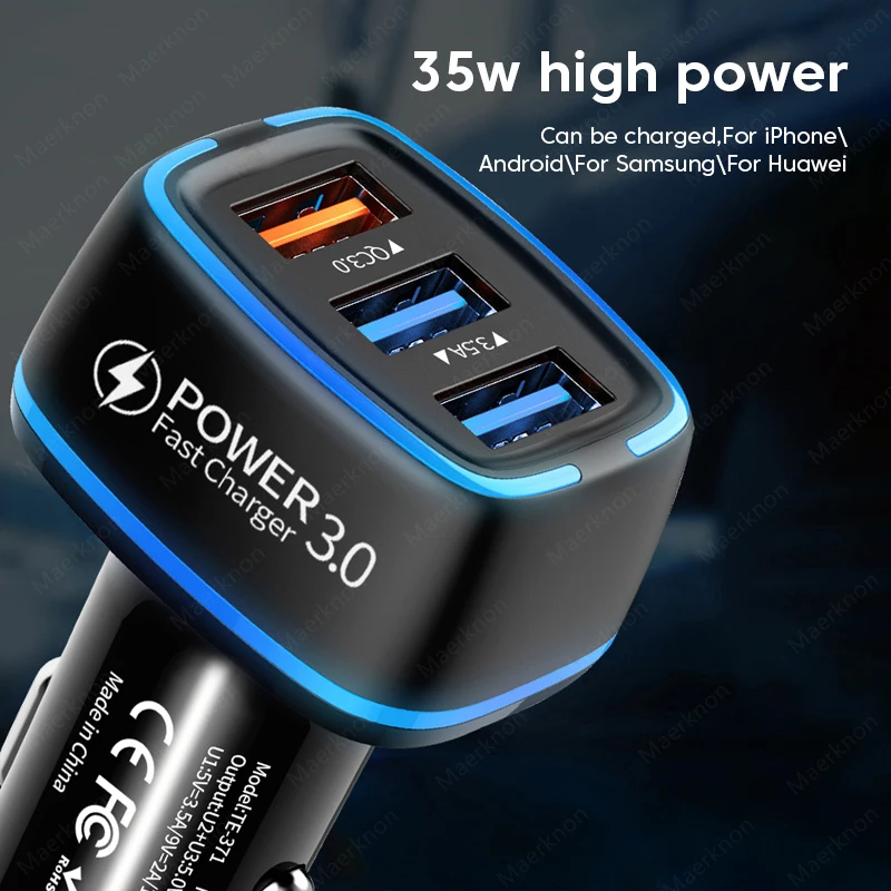 35W USB Car Charger Quick Charge 3.0 3 Ports For iPhone 14 13 Samsung Xiaomi Fast Charging Mini