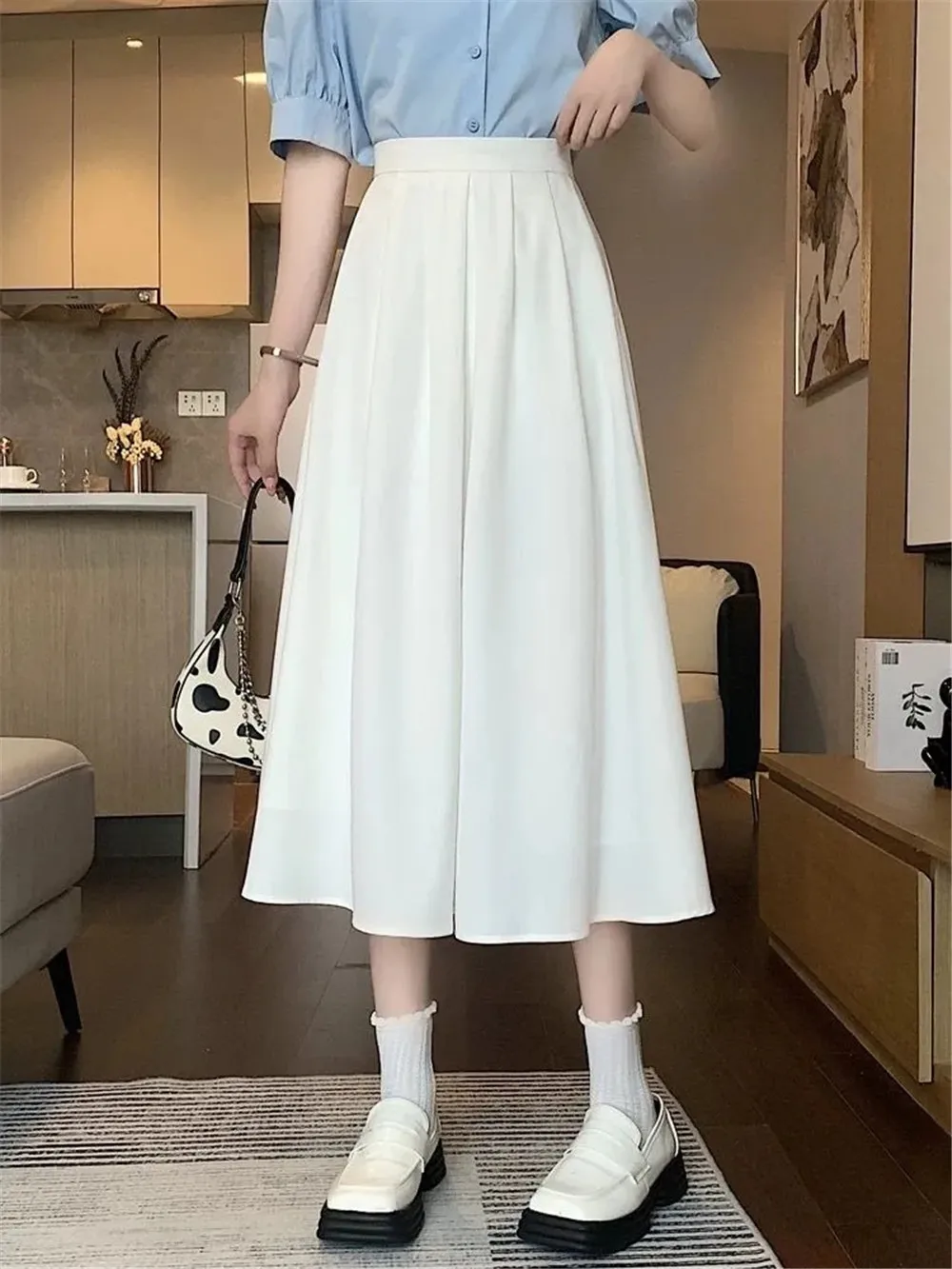 

Pleated Midi Skirts Women Solid Design Simple All-Match Korean Female Elegant Basic Temperament Summer Faldas High Waist Casual
