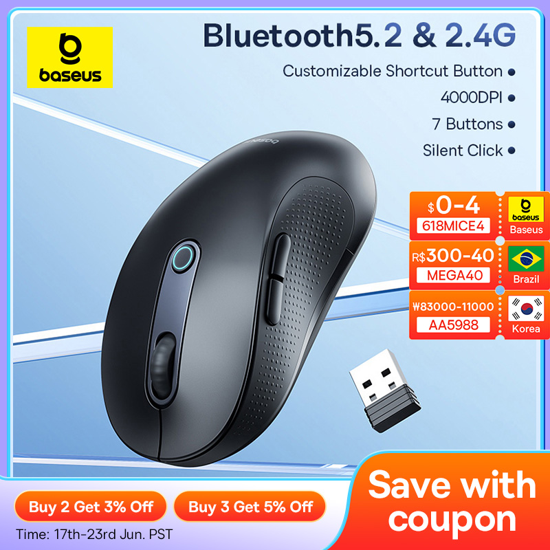  Baseus F02 Wireless Mouse Bluetooth 5.2 2.4G 4000DPI Ergonomic 6 Mute Buttons Mice for iPad MacBook Tablet Laptop Computer Mouse