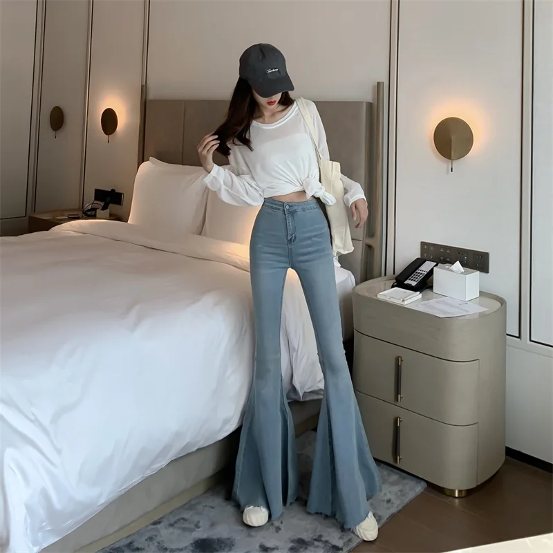 Plus Size Slit Denim Jeans Flare Pants Women Trousers Korean Style Casual Office Lady Female High Waist Long Bell Bottom Pants