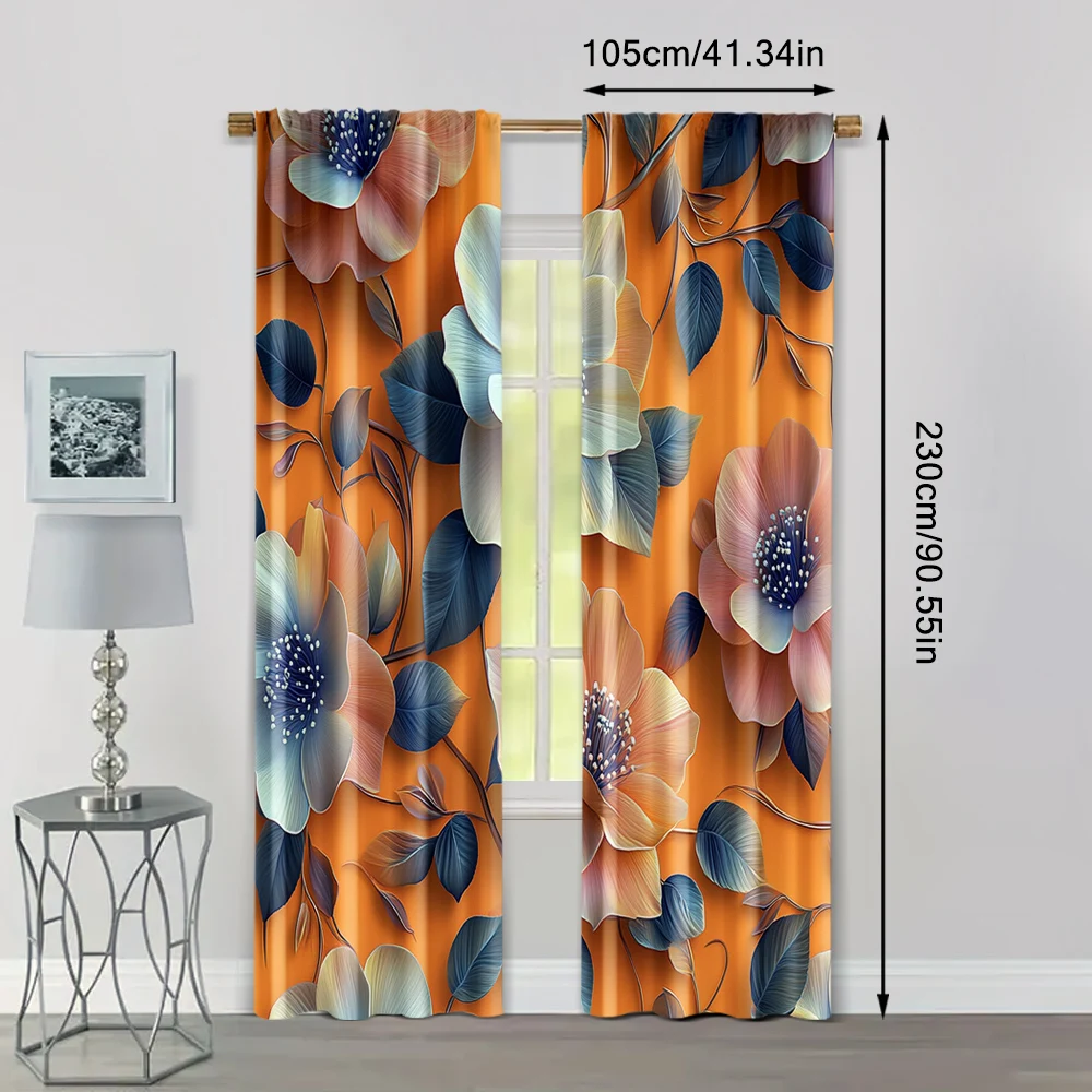 2pcs, Curtain Popular 2D print Golden lotus Fabric (without rod) Thermal Insulation, and Room Darkening Functions Ldeal for 4