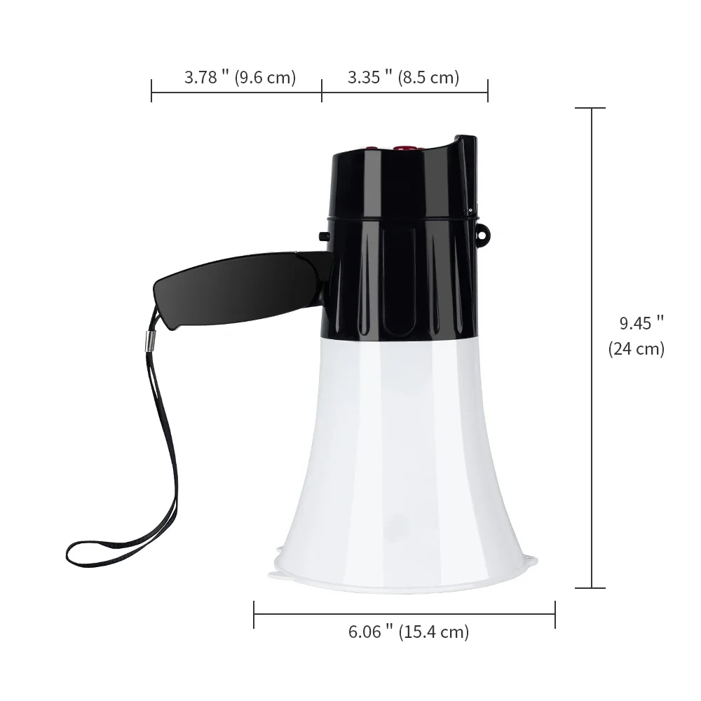 휴대용 경량 컴팩트 메가폰 불혼, LED 조명 및 사이렌, 블랙 실버, 30W