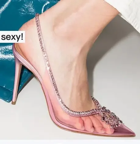 

Женские Искусственные туфли, соблазнительные туфли 105, украшенные кристаллами, металлик, розовый, кожа, прозрачные, ПВХ, туфли с ремешком на пятке, заостренный носок, высокие каблуки