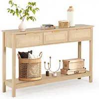 NEW Rattan Console Table Boho Entryway Table Narrow Long Sofa Hallway Foyer Table Behind Couch with 3 Drawers 1