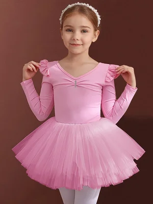 BIBIHOU Mädchen Ballett-Tutu-Kleid Professionelles Kinder-Gymnastik-Tanzkleid mit Rüschen Langarm-Trikot Übungs-Ballettkostüm Ballerina – Detail 4