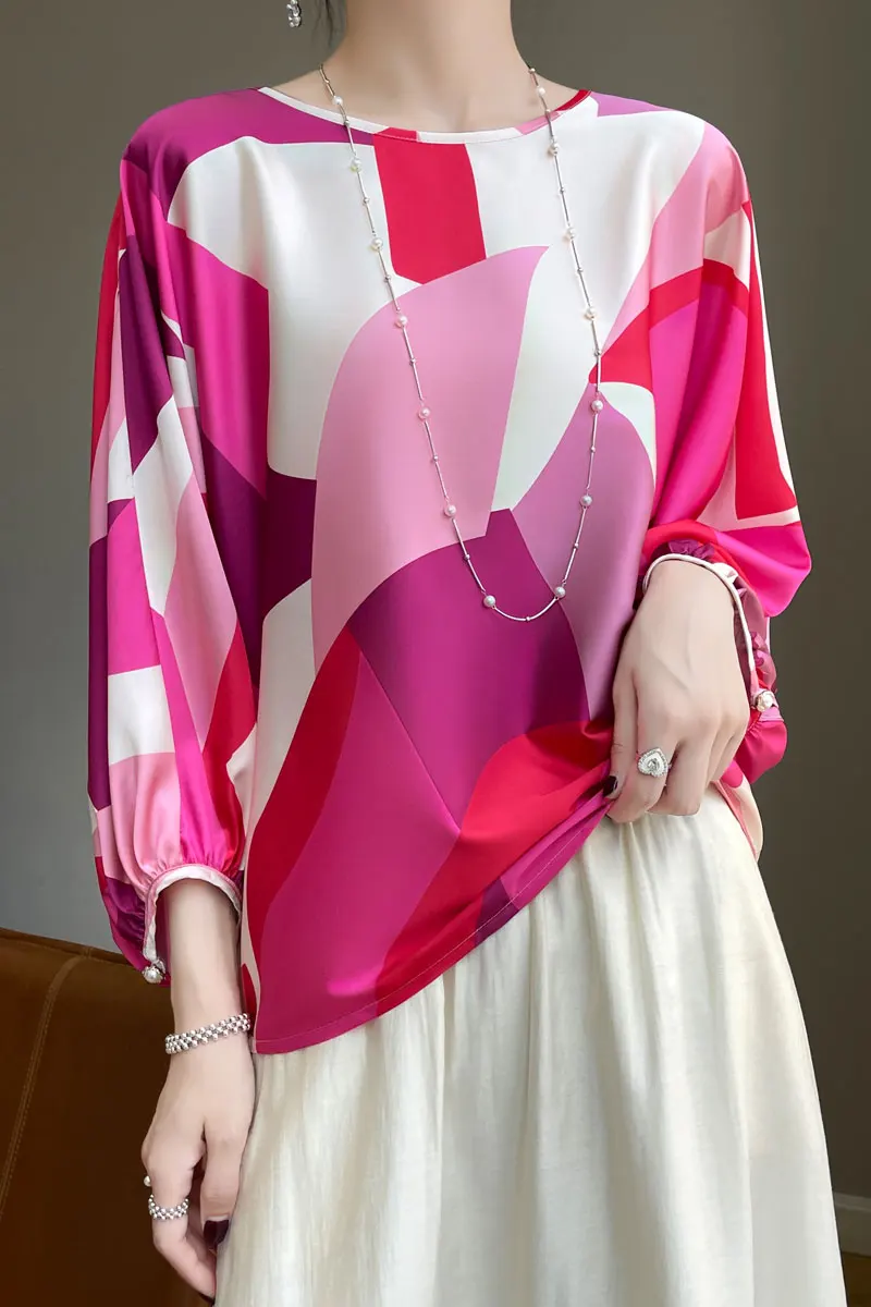 Summer New Silk Smooth Satin 10/7 Split Sleeve Jacquard Design Fashionable Loose Lantern Sleeves Women's Top Thin