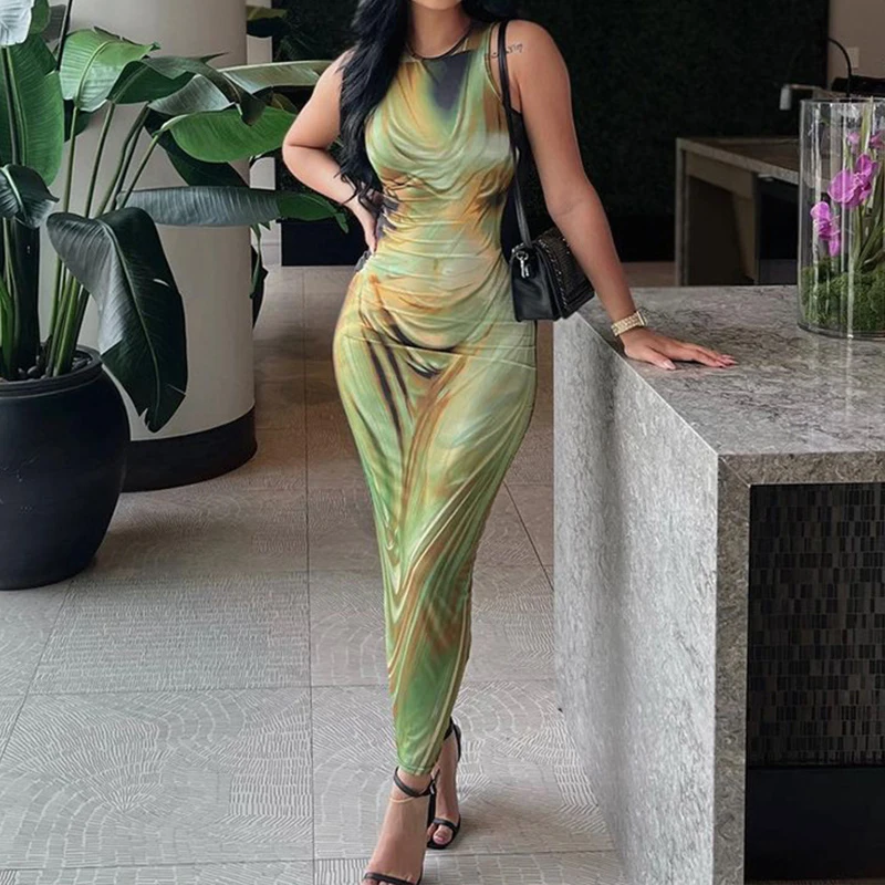 

OMSJ сексуальное платье с абстрактным принтом для девушек без рукавов с открытыми плечами облегающее женское длинное платье женское вечернее платье