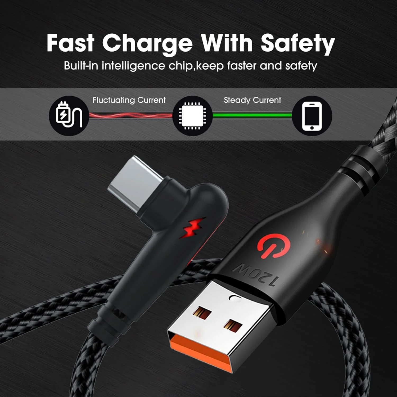 USB Type C 90 Degree Elbow Charger Cable - 120W Quick Charging Nylon Braided Cord