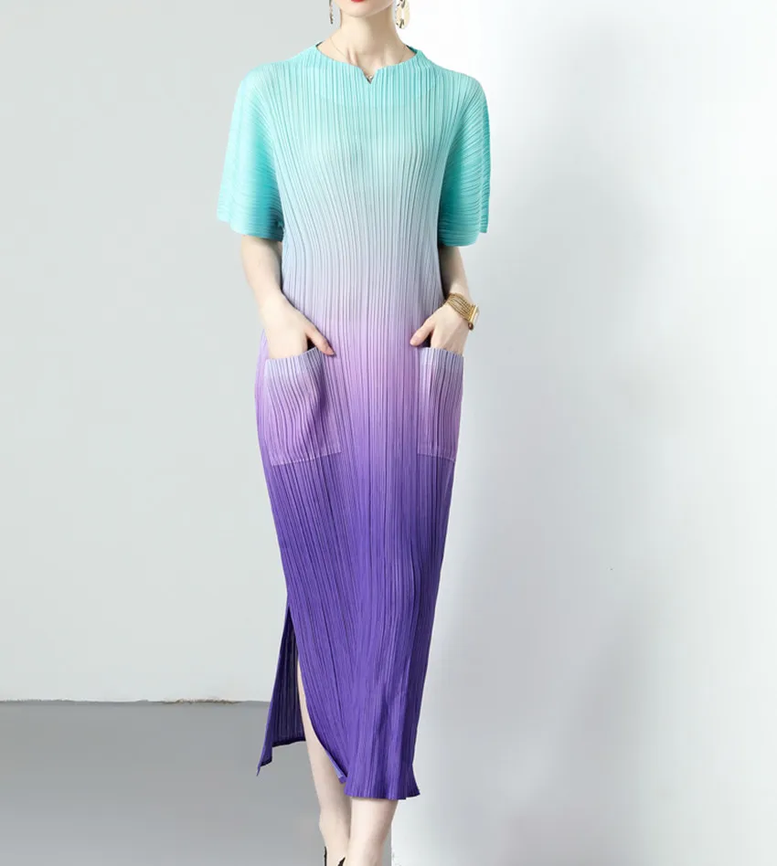 

Женское подиумное платье средней длины, повседневное свободное платье синего и фиолетового цвета с круглым вырезом, коротким рукавом и карманами, с разрезом, лето