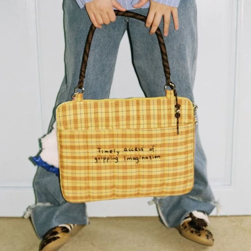Borsa per Laptop 14 Pollici con Motivo a Quadretti, Borsa a Tracolla con Cuscino Ricamato, Custodia Antiurto per iPad e Macbook - immagine 5