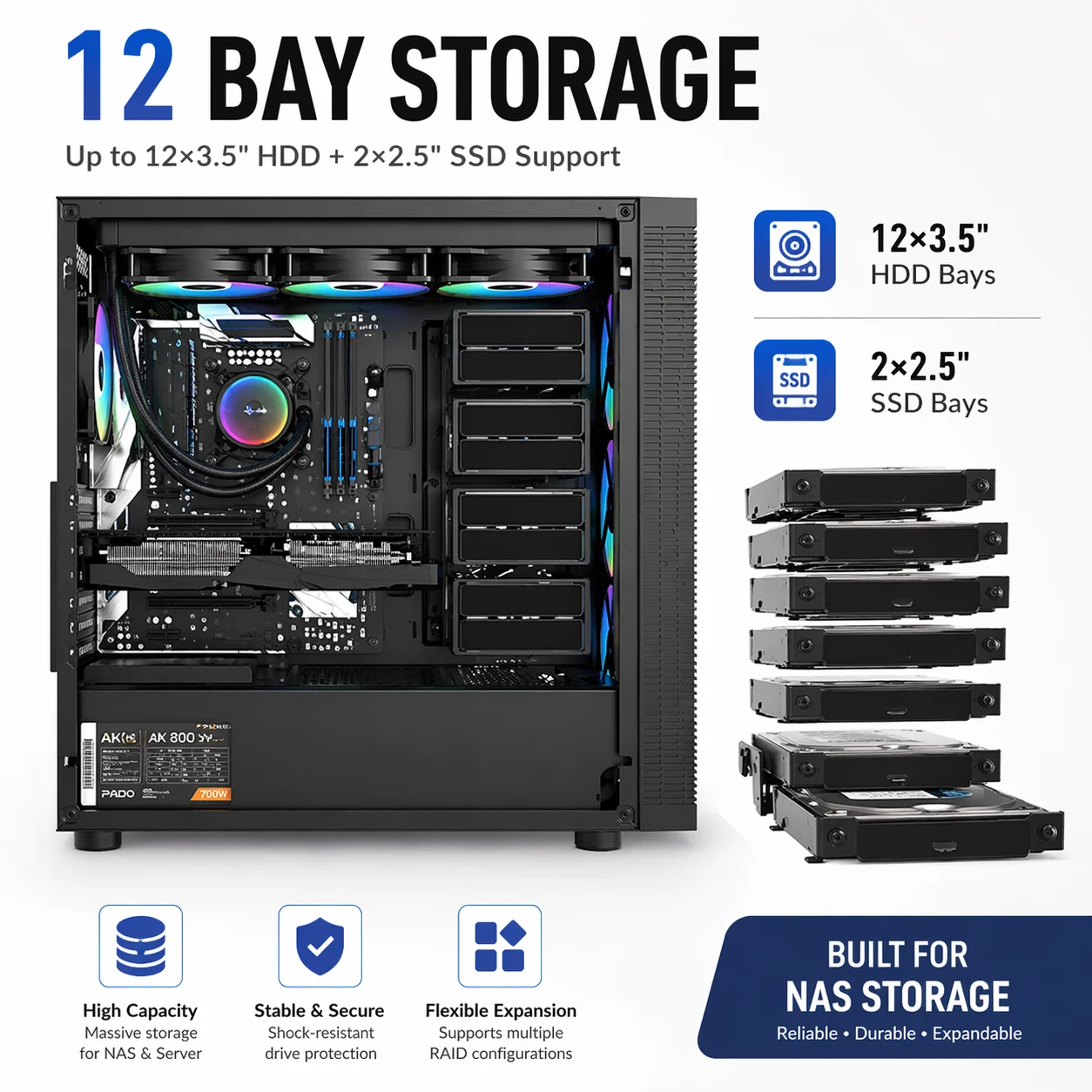 F20 E-ATX PC 케이스 12베이 HDD NAS 섀시 ATX M-ATX 컴퓨터 케이스 400mm GPU, 360mm 수냉식 ATX PSU 지원