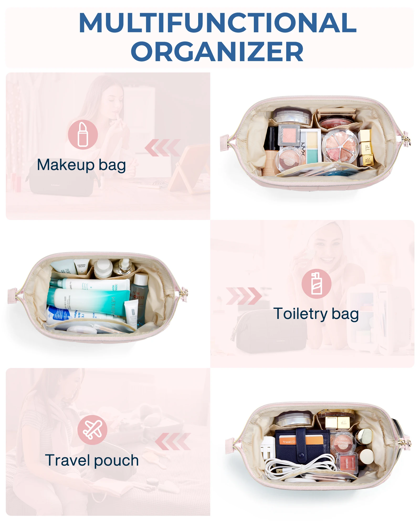 BAGSMART Makeup Bag Puffy Padded Make Up Bags for Women Makeup Organizer Case Wide-open Pouch Toiletry Bag Travel Essentials 6