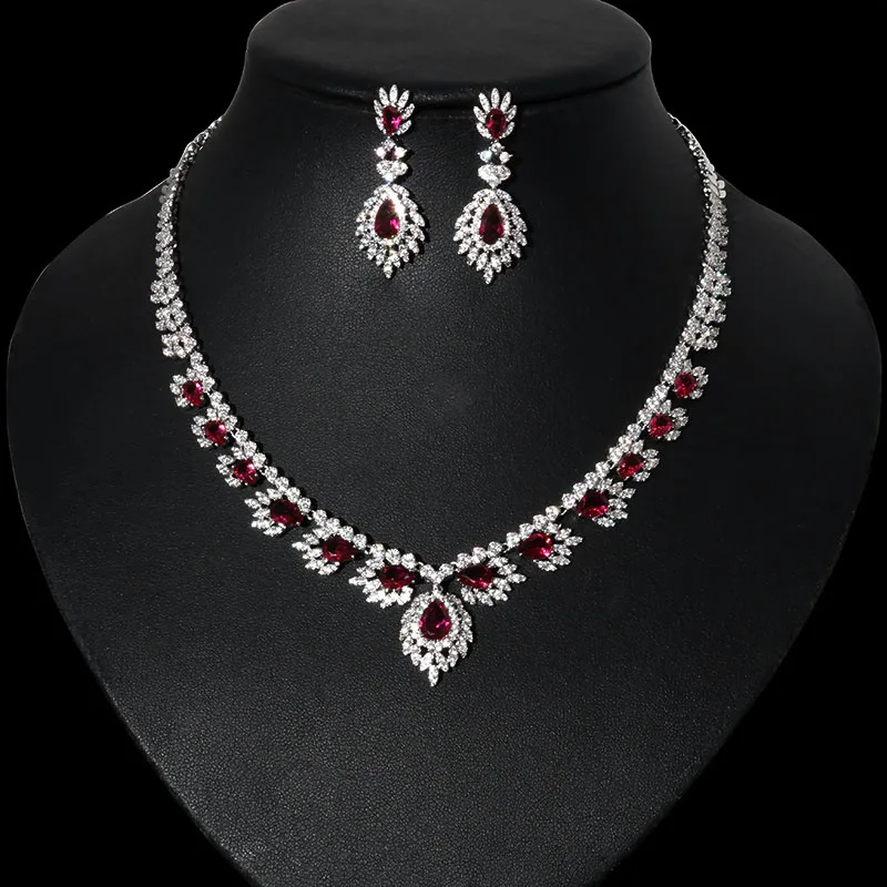 Luxury Crystal Red Flower Zircon Necklace & Earring Set for Brides