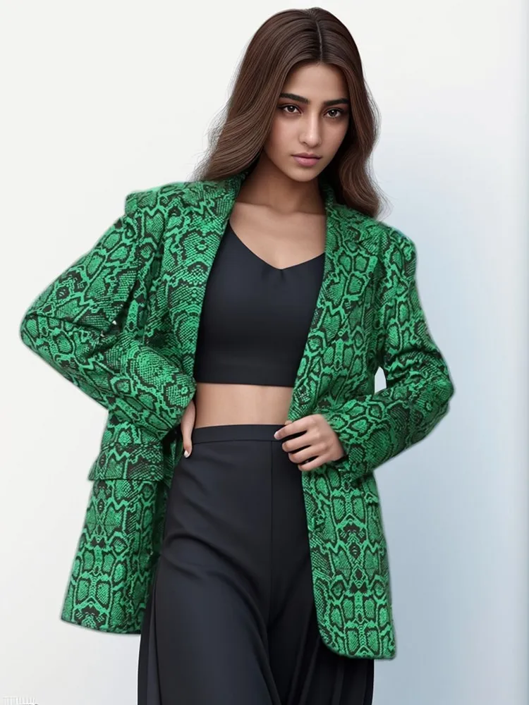 KBQ Colorblock Snake Print Casual Blazer For Women Notched Collar Long Sleeve Patchwork Buttons Loose Temperament Blazers Female