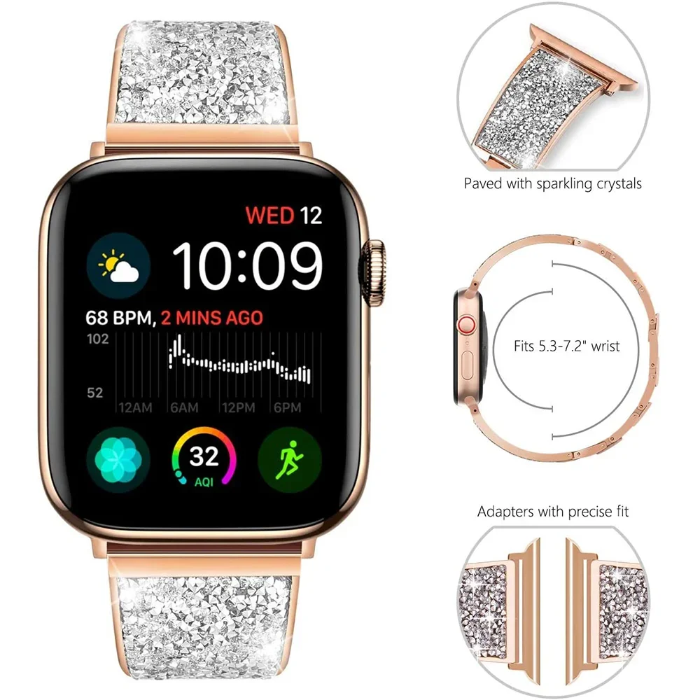 Diamond＋Stainless Steel Strap For Apple watch Ultra 9 8 7 6 5 4 SE Women Bracelet band For iWatch 45mm 41mm 40mm 44mm 38mm 42mm