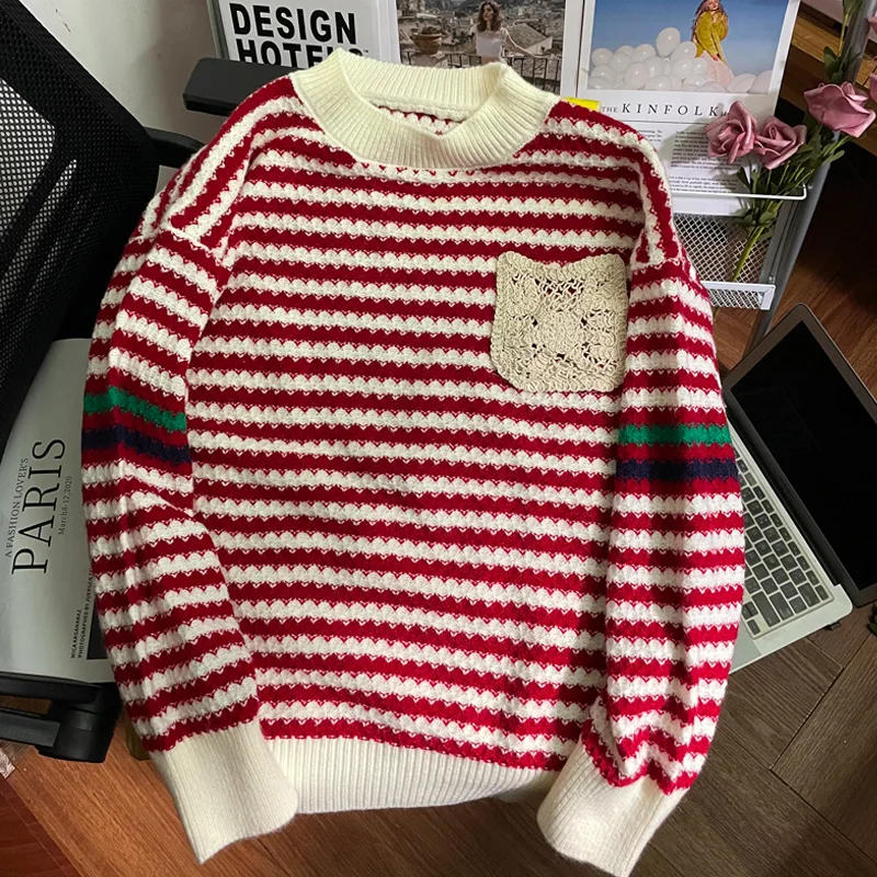 

Knitted Striped Sweater Women 2022 Autumn Winter Loose Casual Thick Pullovers Female Warm Long-sleeved Round Neck Pockets Tops