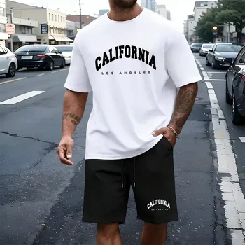 Completo Sportivo da Uomo con Stampa, T-Shirt e Pantaloncini, Casual, Collo Tondo, Maniche Corte, per Jogging, Estivo, Set 2 Pezzi o Maglietta e Shorts