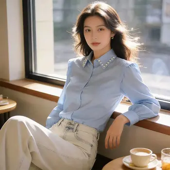Camicetta Elegante da Donna Primaverile ed Estiva con Colletto a Polo, Perle e Volant, Maniche Lunghe, Stile Casual e Comodo