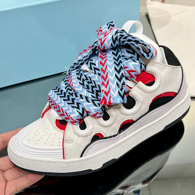 Spring and Autumn Unisex Flat Thick Bottom Mixed Color Casual Shoes Genuine Leather Lace Up Breathable Running Shoes Sneakers