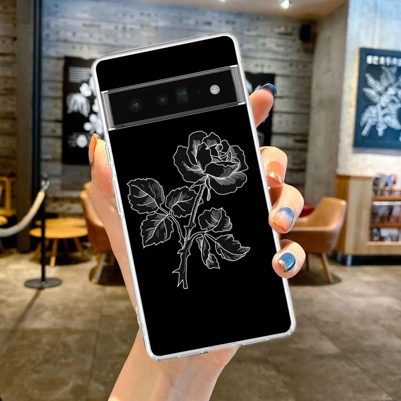 Elegant Black Flower Shockproof Silicone Phone Case – Transparent Protective Cover