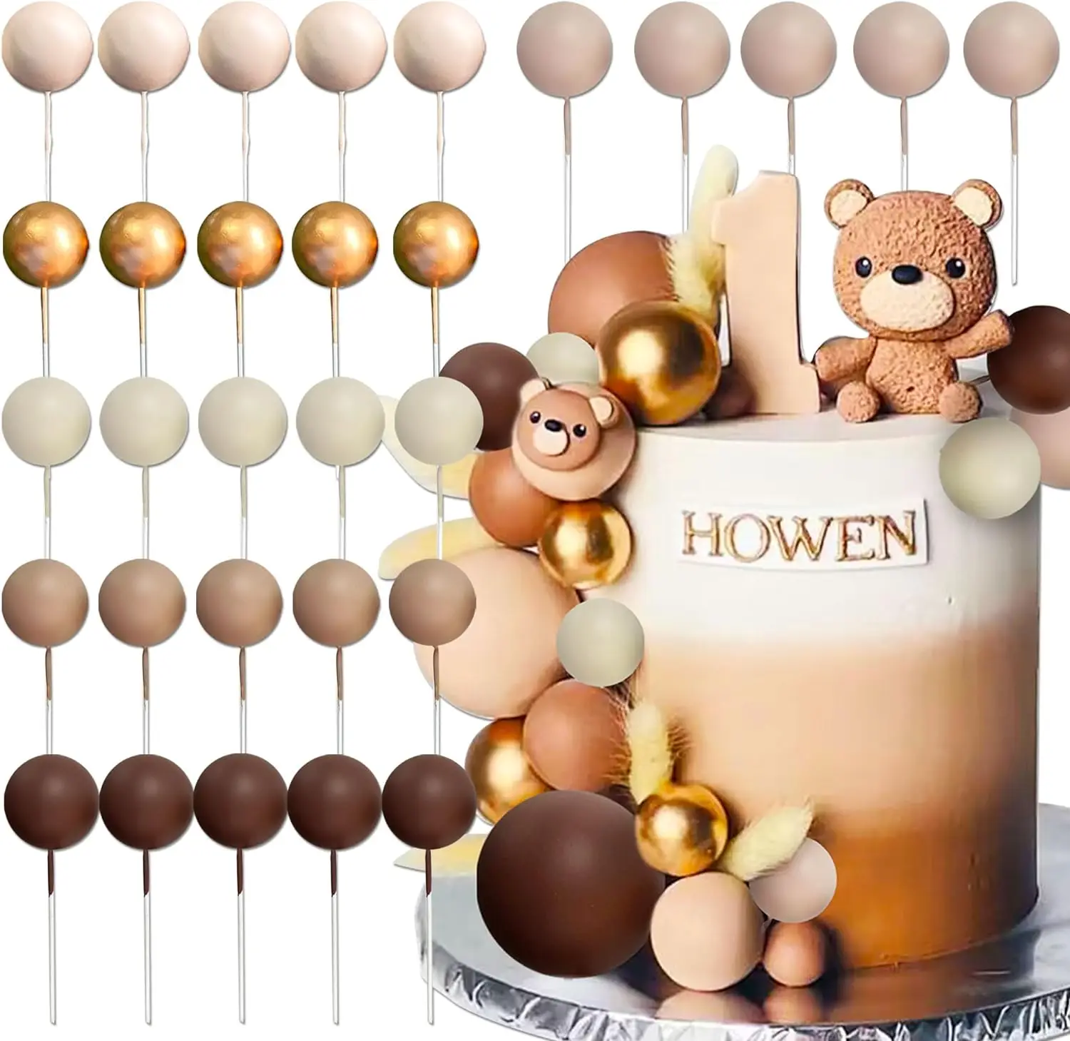 30-teiliges Boho-Set mit Bogen- und Braun-Goldkugeln, Kuchendekorationen für Babyparty, Geburtstag, Hochzeit, Kuchendekorationen – Detail 1