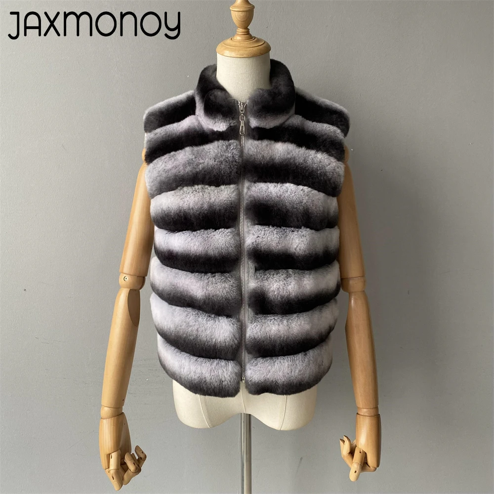 Jaxmonoy Natural Rabbit Fur Coat for Women Winter Real Rex Rabbit Fur Vest Ladies Fashion Patchwork Wool Blend Waistcoat Fall