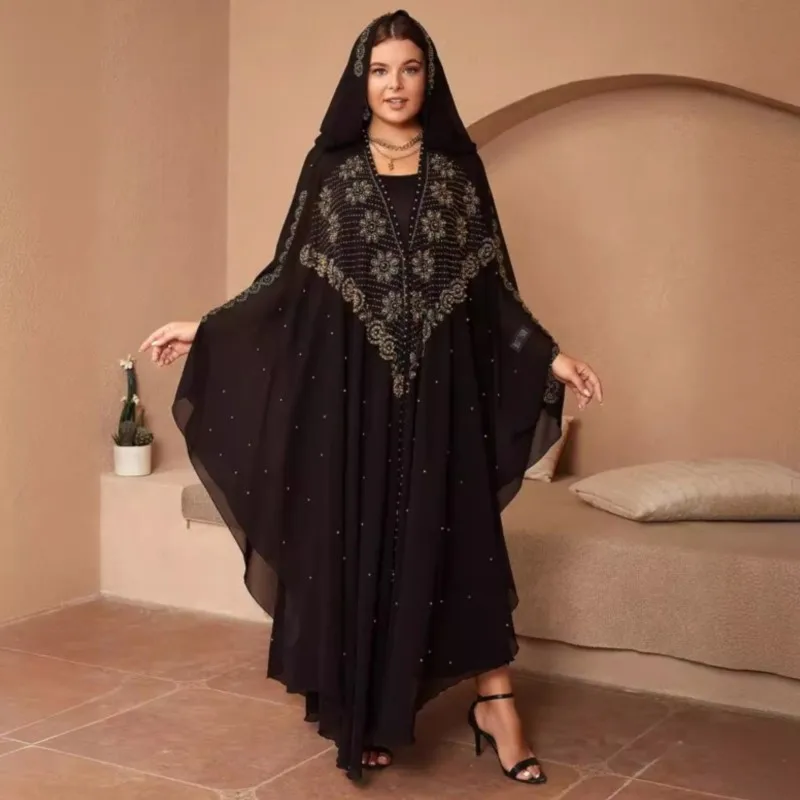 

Black African Dresses For Women 2024 New Arrival Fashion Diamond Beads Hooded Classic Loose Robe Dubai Chiffon Muslim Abaya