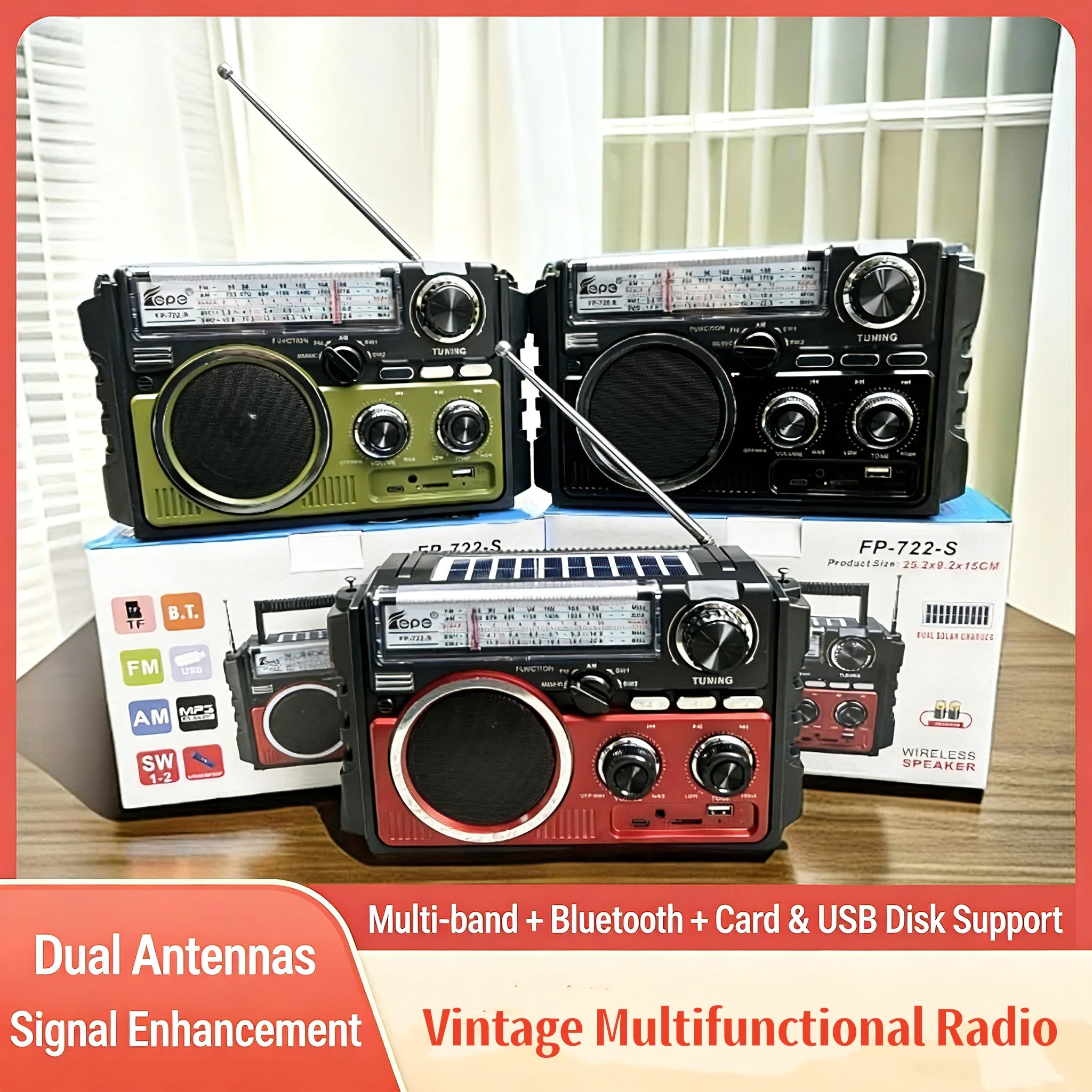 듀얼 태양광 충전 AM/FM/SW1-2 4밴드 라디오 다기능 라디오 휴대용 MP3 음악 플레이어 내장 블루투스 스피커 FP-722-S