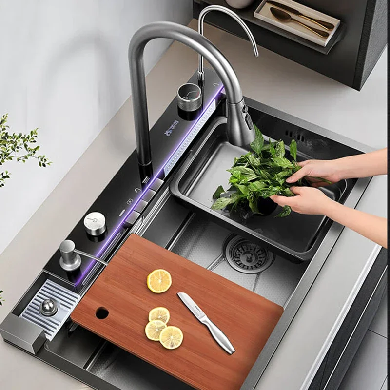 Stainless Steel Large Single Sink Kitchen Waterfall Digital Display Honeycomb Embossed Wash Basin Countertop 4