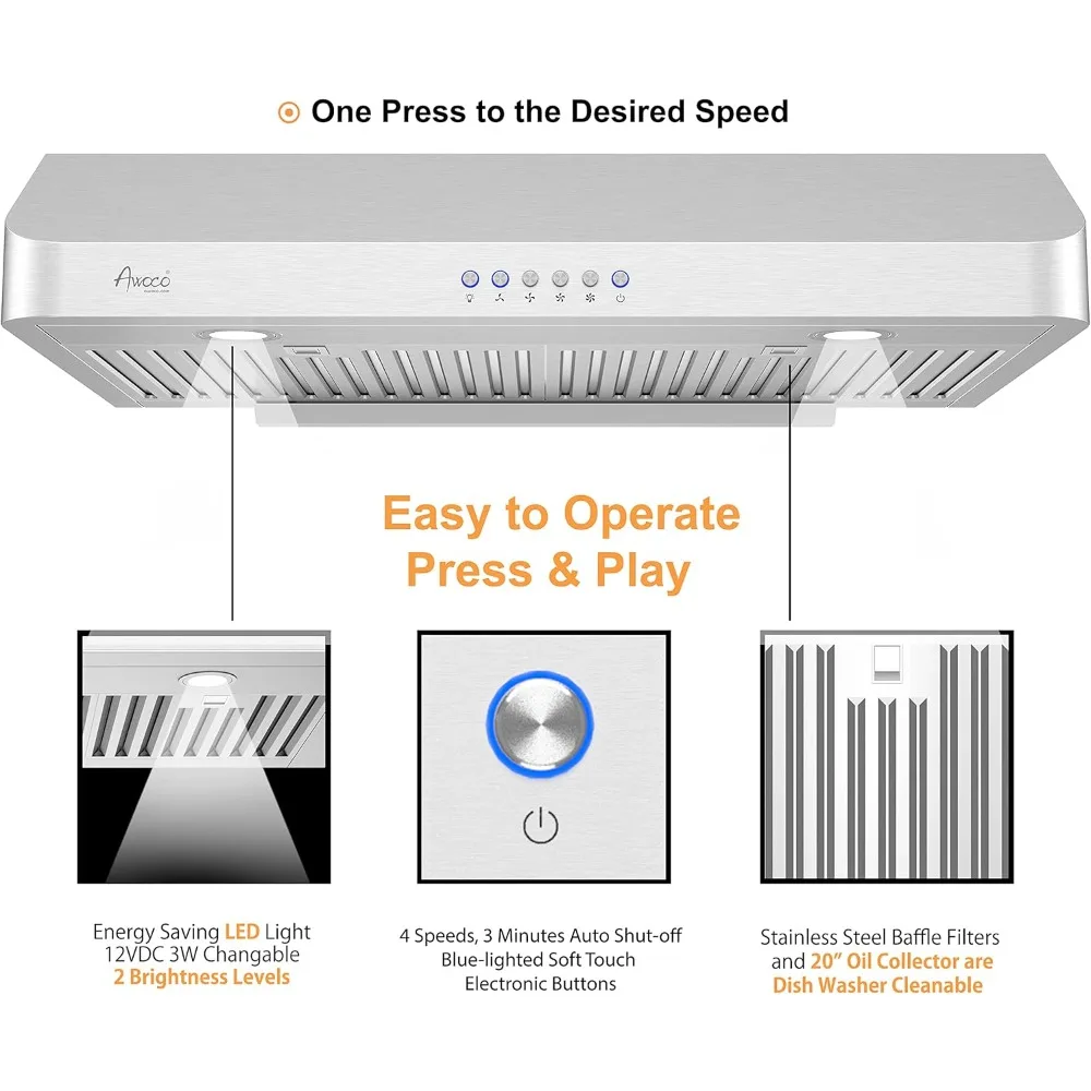RH-C06-30 Classic 6" High Stainless Steel Under Cabinet 4 Speeds 900CFM Range Hood with 2 LED