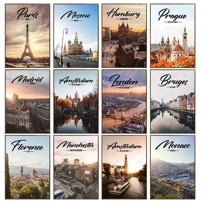 

European City Canvas Print Poster Paris Hambury Moscow London Madrid Amsterdam Wall Painting Picture Art for Bedroom Living Room
