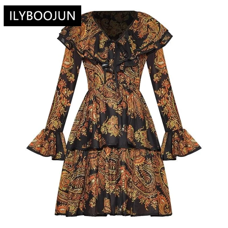 

Autumn Dress Women Lace-up V-Neck Flare Sleeve Ruffle Indie Folk Print Mini Dresses For Women 2023 Luxury Brand High Quality