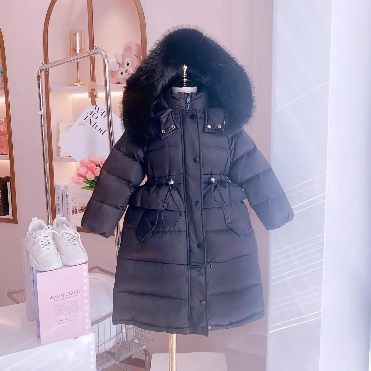 Winter Girls Down Clothes Fashion Long Fur Hooded Cotton Padded Jacket Kids Warm Slim Waist Children Outerwear XMP390