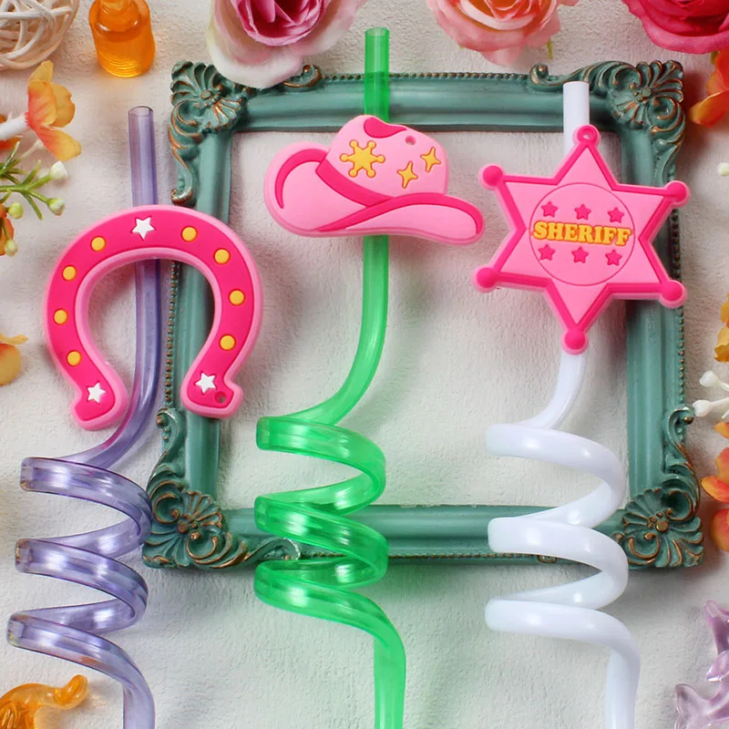 12-Piece Reusable Spiral Straws, Pink Western Cowboy Style – Vibrant Drinkware Set