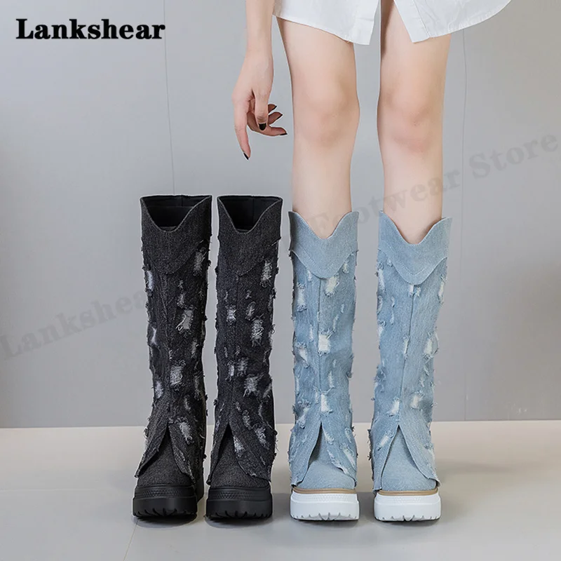

2023 Autumn New High-Tube Knee-High Boots Women's Fashion All-Match Denim Boots Sponge Cake Thick-Soled Knight Boots