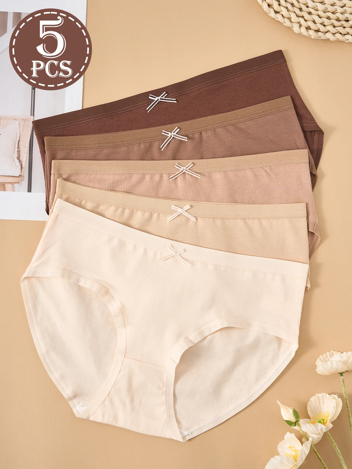 5PCS Maillard Color Pure Cotton Women's Underwear Solid Color Comfortable Panties Girls Low-Rise Briefs Casual Daily Wear