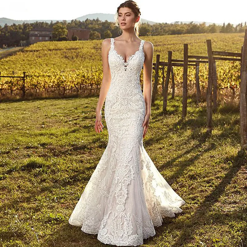 

Boho V-Neck Mermaid Wedding Dress For Women Lace Sleeveless Bride Gown Customized Buttons Pleats Illusion Back Vestido De Novia