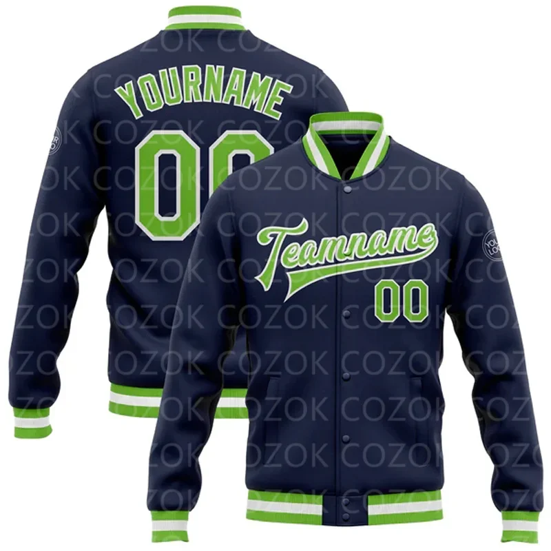 Custom Black Green 3D Printed Baseball Button Jacket Bomber Full-Snap Varsity Letterman Jacket