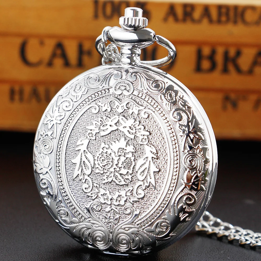 

High Quality Silver Carved Vintage Quartz Pocket Watch Necklace Women's Men Gift reloj de bolsillo