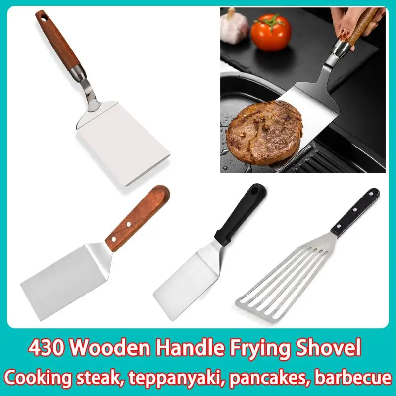 Stainless Steel Square Head Steak Cooking Spatula Wood Handle Pizza Shovel Pancake Beef Turner Scraper BBQ Utensils For Kitchen steak spatula wooden kitchen utensils