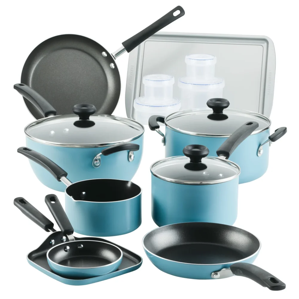 

20 Pc Easy Clean Aluminum Nonstick Cookware Pots and Pans Set, Aqua