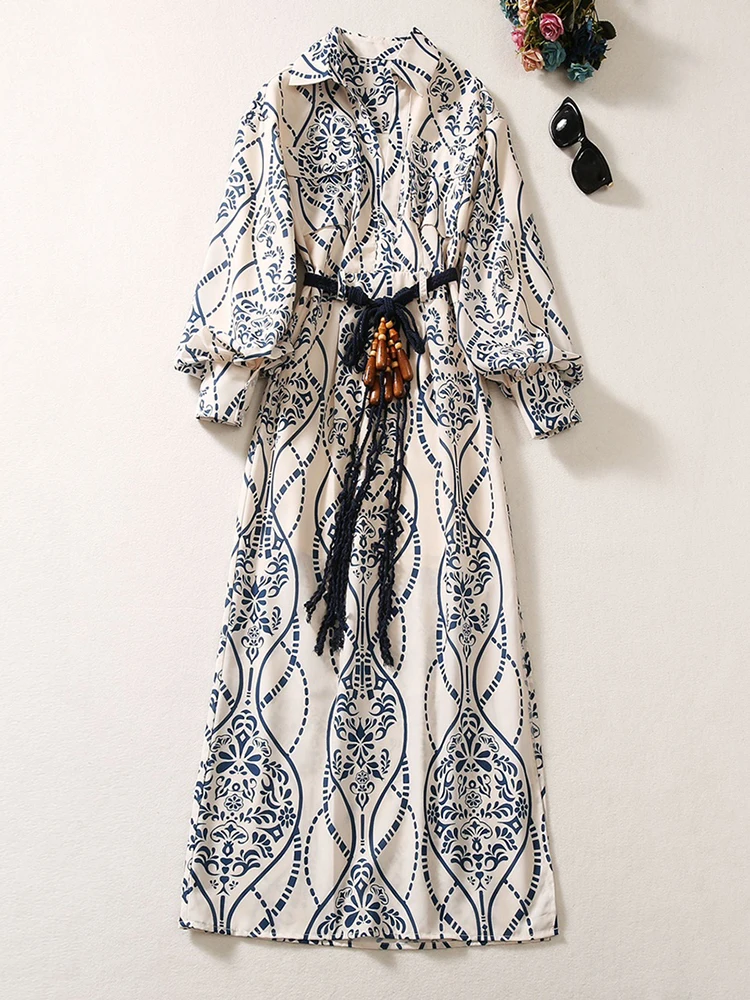 

Fashion Designer Autumn Dress Women Turn-down Collar Puff Sleeve Classic Flower Printing Midi Vestidos Waist Belt Slims